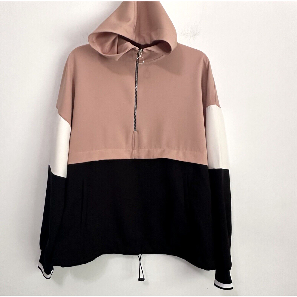 ZARA Color Block Quarter Zip Hooded Pullover S Pockets Long Sleeve Active Travel